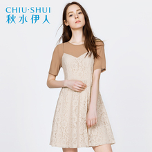 秋水伊人夏装新品女装雪纺蕾丝镂空裙子假两件淑女修身文艺连衣裙图片