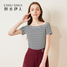 秋水伊人2018夏装新品女装条纹T恤圆领刺绣短袖修身上衣女图片