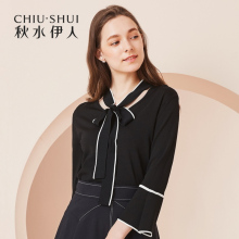 秋水伊人新款女装2018秋装时尚撞色系带喇叭袖V领针织衫上衣女图片