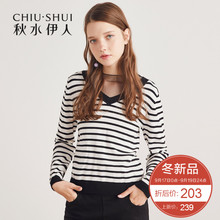 秋水伊人针织衫2018冬装新款女装V领蕾丝拼接条纹修身上衣毛衫女图片