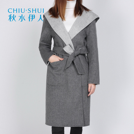 B秋水伊人冬装新品女连帽中长款长袖腰带系带双面呢休闲大衣外套商品大图