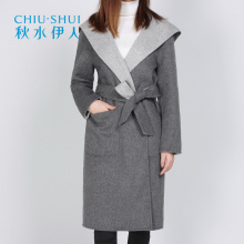 B秋水伊人冬装新品女连帽中长款长袖腰带系带双面呢休闲大衣外套图片