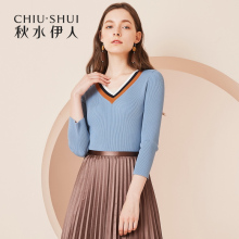 秋水伊人新款女装2018秋装罗纹V领七分袖修身显瘦针织衫上衣女图片