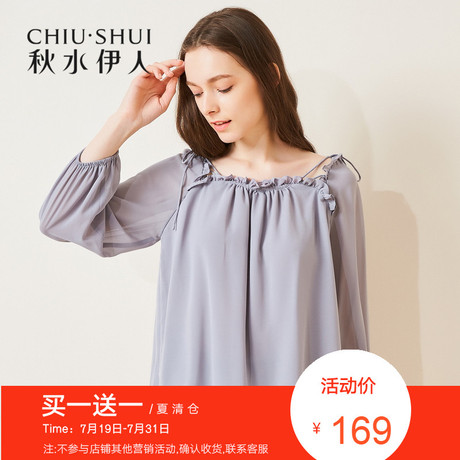 折秋水伊人2018夏装新款女装透视九分袖宽松显瘦气质雪纺衫上衣女商品大图