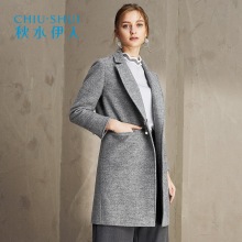 秋水伊人2017冬装新品女装纯色西装领简约修身中长款呢大衣外套图片