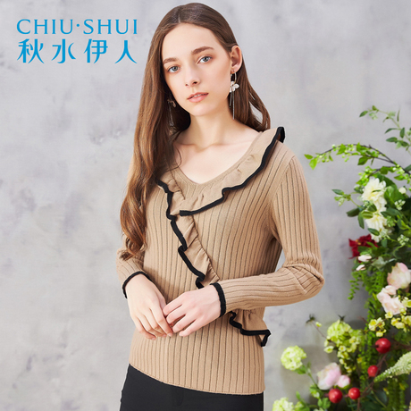秋水伊人2018春装新品女装V领撞色木耳边毛衫纯色修身针织衫女商品大图