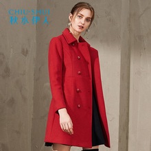 秋水伊人新品女装2017冬装纯色翻领双排扣羊毛毛呢大衣外套女图片