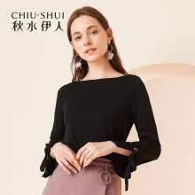 秋水伊人新款女装2018秋装简约纯色一字肩系带常规款针织衫上衣女图片