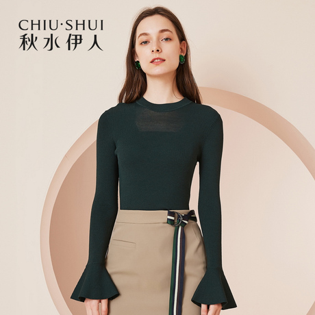 秋水伊人新款女装2018秋装气质简约纯色喇叭袖长袖修身针织上衣女商品大图