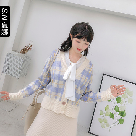 夏娜格子针织衫女开衫2018秋季新款学生短款韩版V领长袖外套商品大图