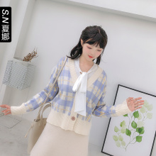 夏娜格子针织衫女开衫2018秋季新款学生短款韩版V领长袖外套图片