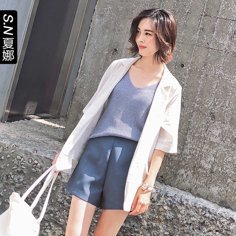夏娜时尚半袖小西服2018新款女宽松休闲风chic小西装白色简约外套商品大图
