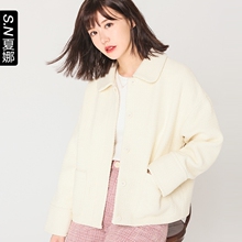 夏娜2017秋冬新款甜美翻领口袋外套落肩修身长袖纯色大衣女图片