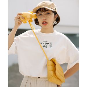 过片夏季日系休闲复古日文印花短袖T恤女宽松可爱印花圆领基础t恤