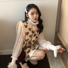 透视长袖 爱心针织背心裙冬季新款 韩版 甜美 仙女蕾丝高领打底衫