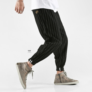 夏日系复古宽松棉麻竖条纹休闲裤