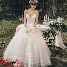 影楼外景拍照轻纱摄影主题服装 情侣写真礼服旅拍吊带V领齐地婚纱