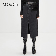 MOCO2018冬季新品黑色牛仔开衩半身裙MA184SKT403 摩安珂图片
