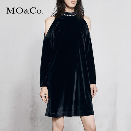 MOCO2018春季新品丝绒露肩可拆卸闪钻连衣裙MA181DRS202 摩安珂商品大图