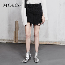 MOCO2018春季新款chic女牛仔半身裙不规则短裙子黑色ins包臀裙图片