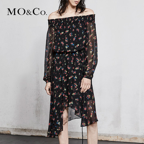 MOCO2018春季新品一字领碎花不规则裙摆连衣裙MA181DRS123 摩安珂商品大图