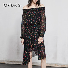 MOCO2018春季新品一字领碎花不规则裙摆连衣裙MA181DRS123 摩安珂图片