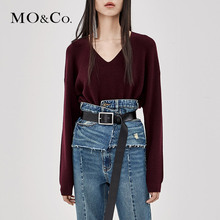 MOCO2018秋季新品纯色V领绑带纯羊毛毛衣MA183SWT316 摩安珂图片