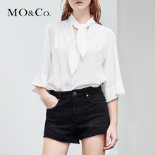 MOCO2018夏季新品绑带围脖宽松喇叭袖真丝上衣 摩安珂图片