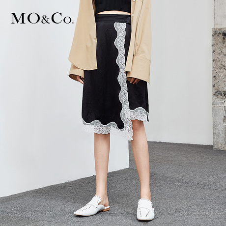 MOCO2018夏季新品半开襟腰带蕾丝拼接半身裙MA182SKT114 摩安珂商品大图