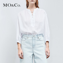 MOCO2018夏季新品圆领绑带七分袖宽松纯棉上衣 MA182TOP103摩安珂图片