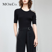 MOCO2018夏季新品修身圆领中袖镂空绑带针织衫MA182SWT305 摩安珂图片