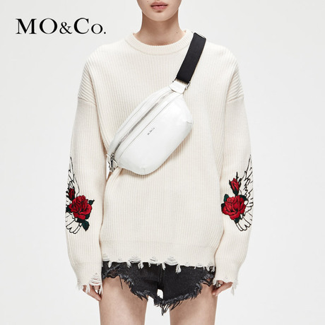 MOCO2018秋季新品刺绣纯羊毛衫 宽松套头毛衣女 针织衫商品大图