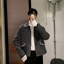 格子小西服外套英伦风上衣男 小众西装 小香风格 修身 子短款 白口阳