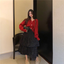 可爱显白本命年红色毛衣宽松短外套 层层蛋糕小波点裙蓬蓬裙 韩国