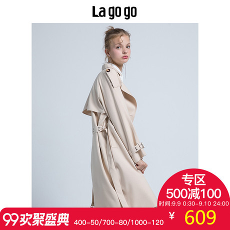 Lagogo2018秋季新款女装纯色英伦风奶茶色中长款风衣外套女休闲商品大图