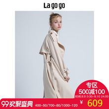 Lagogo2018秋季新款女装纯色英伦风奶茶色中长款风衣外套女休闲图片