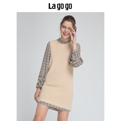 Lagogo 2018秋季新款针织马甲套头雪纺衫连衣裙女长袖HCLL848A33