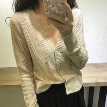 春秋新款针织衫外套女宽松羊毛开衫镂空V领羊绒衫毛衣百搭上衣