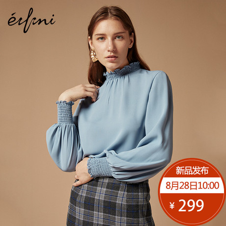 预售伊芙丽2018新款复古早秋上衣女长袖港味宽松半高领雪纺衫女商品大图