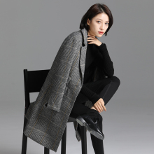 索菲丝尔格子毛呢大衣女2018秋冬新款女装韩版中长款西装毛呢外套图片