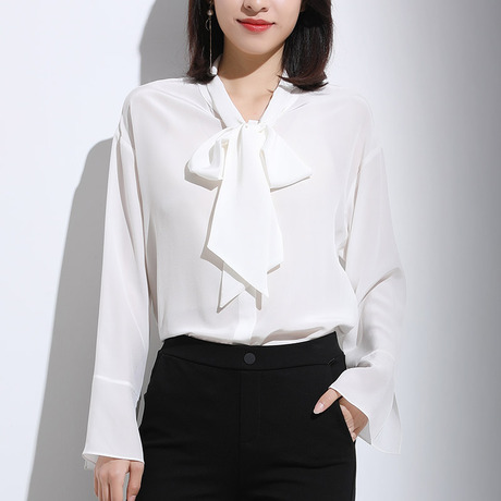 索菲丝尔2018秋季女装新款显瘦白色飘带衬衫女喇叭袖落肩上衣女商品大图
