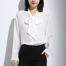 索菲丝尔2018秋季女装新款显瘦白色飘带衬衫女喇叭袖落肩上衣女图片