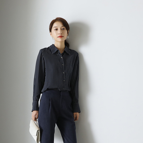 索菲丝尔2018秋季新款时尚百搭显瘦条纹桑蚕丝女衬衫商品大图
