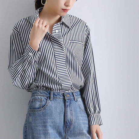 索菲丝尔2018秋季女装新款职业OL衬衫女长袖宽松显瘦棉质条纹上衣商品大图