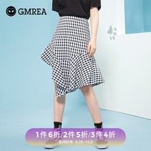 歌美瑞半身裙女格子2018夏季新款不规则女装中长款A字裙韩版裙子图片