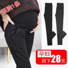 子女仿牛仔托腹打底裤 秋冬裤 加绒保暖外穿冬季加厚孕妇裤 2018新款