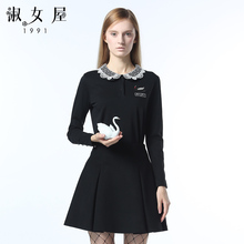 淑女屋2018年冬季新款 柔软针织衫 100%棉黑色修身