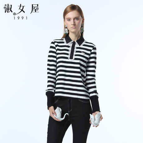 淑女屋2018年冬季新款圆领的色蕾丝花边黑白条纹梭织领针织衫商品大图