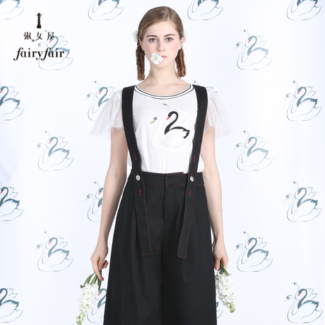 淑女屋2018夏装新款圆领天鹅刺绣短袖针织T恤女装上衣商品大图