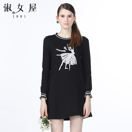 淑女屋2018年秋季新款100%棉宽松柔软黑色针织连衣裙商品大图